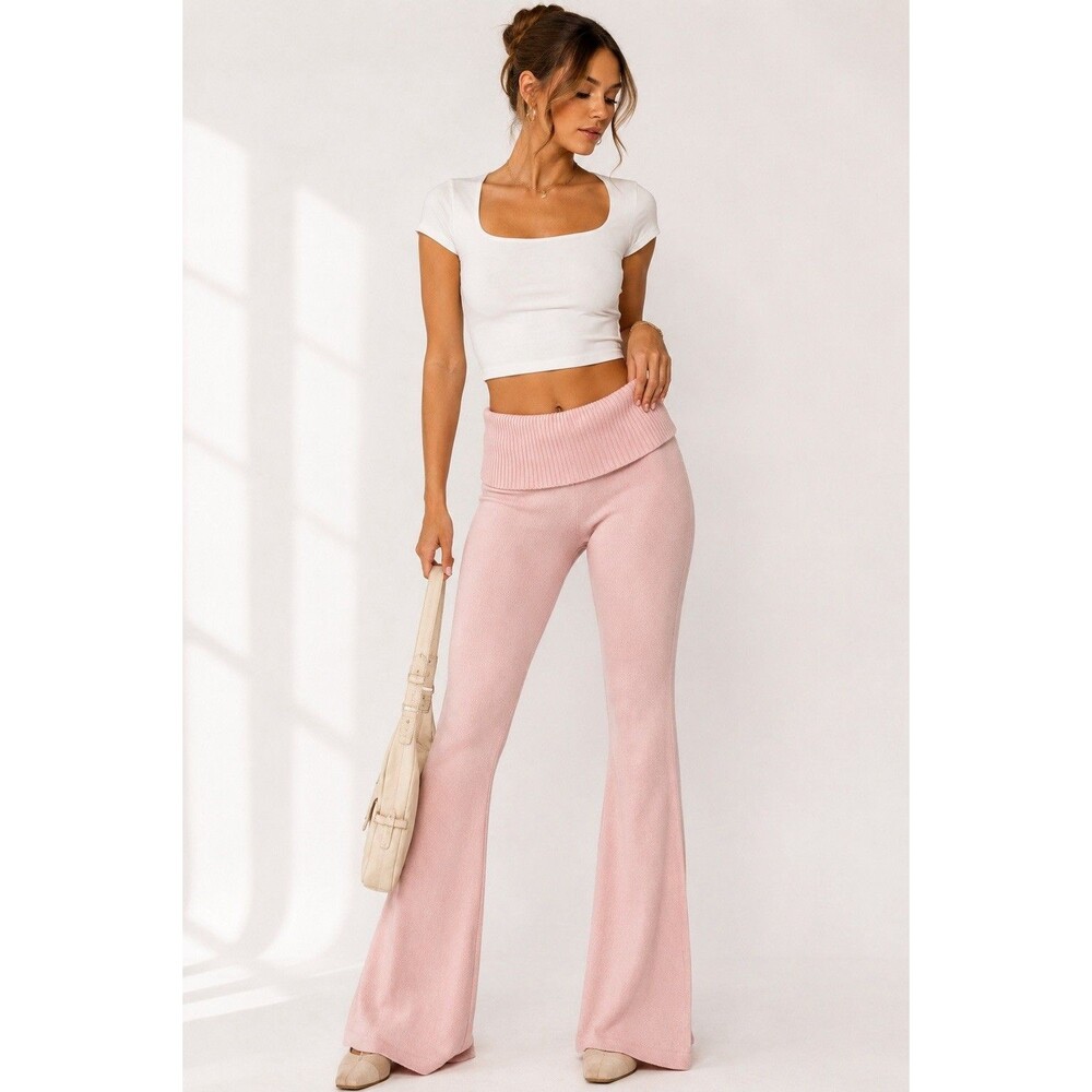 Edikted Light Pink Foldover Waist Knit Flare Pants Size M NWT